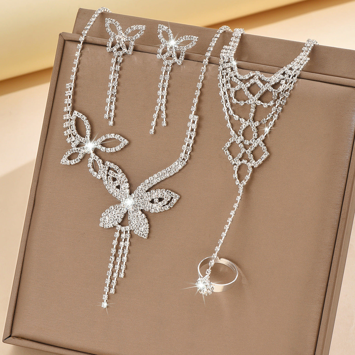 Butterfly Tassel Rhinestone Necklace Earring Bracelet 3 Pieces Suit