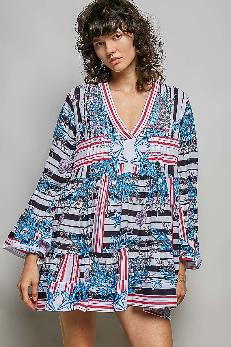 POL Striped Floral Long Sleeve Mini Dress with Pintuck Detail