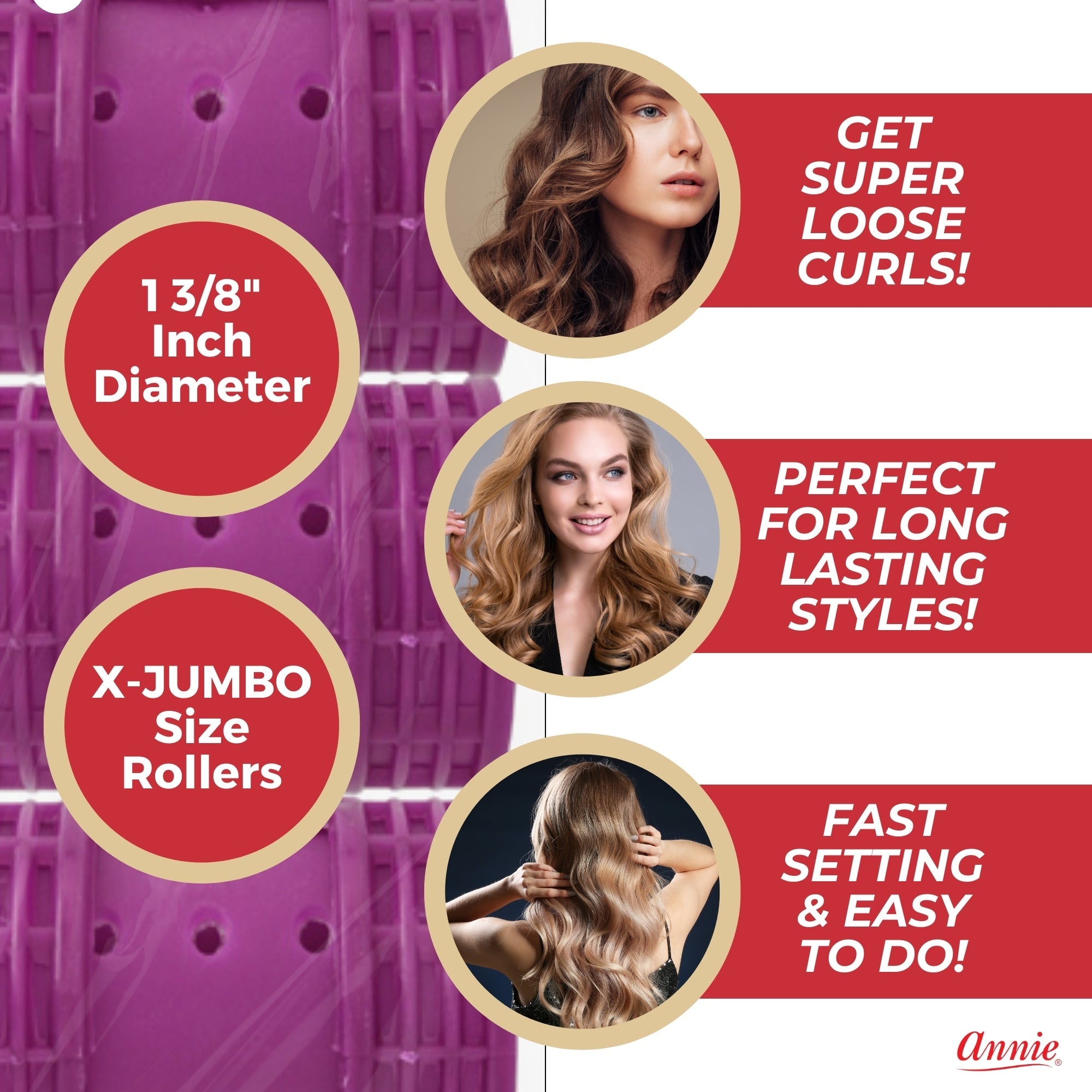 Annie Snap-On Magnetic Hair Rollers 1 3/4 Inch X-Jumbo, 6 Count, Purple