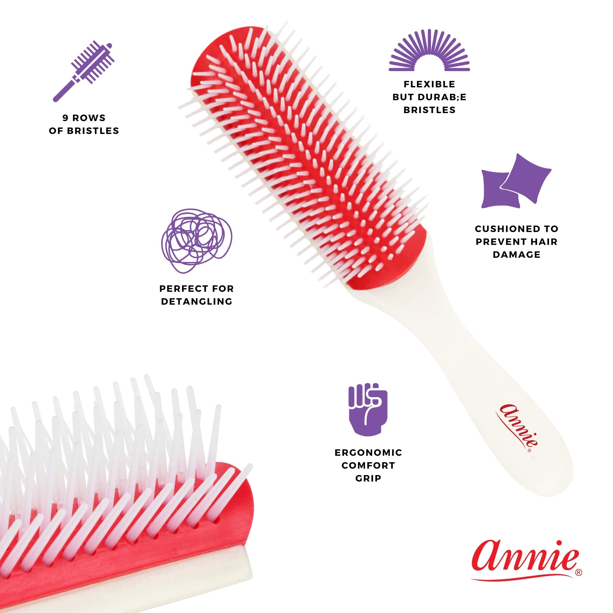 Annie Ergo 9 Row Rubber Cushion Detangling Brush, 1 Count, Red & White
