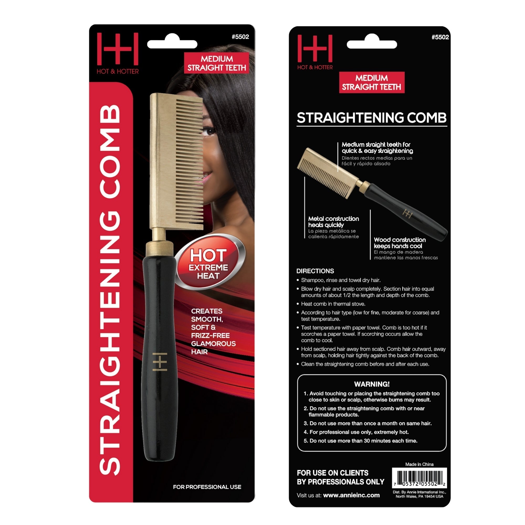 Hot & Hotter Thermal Straightening Comb Medium Teeth Straight, 1 Count, Black & Gold