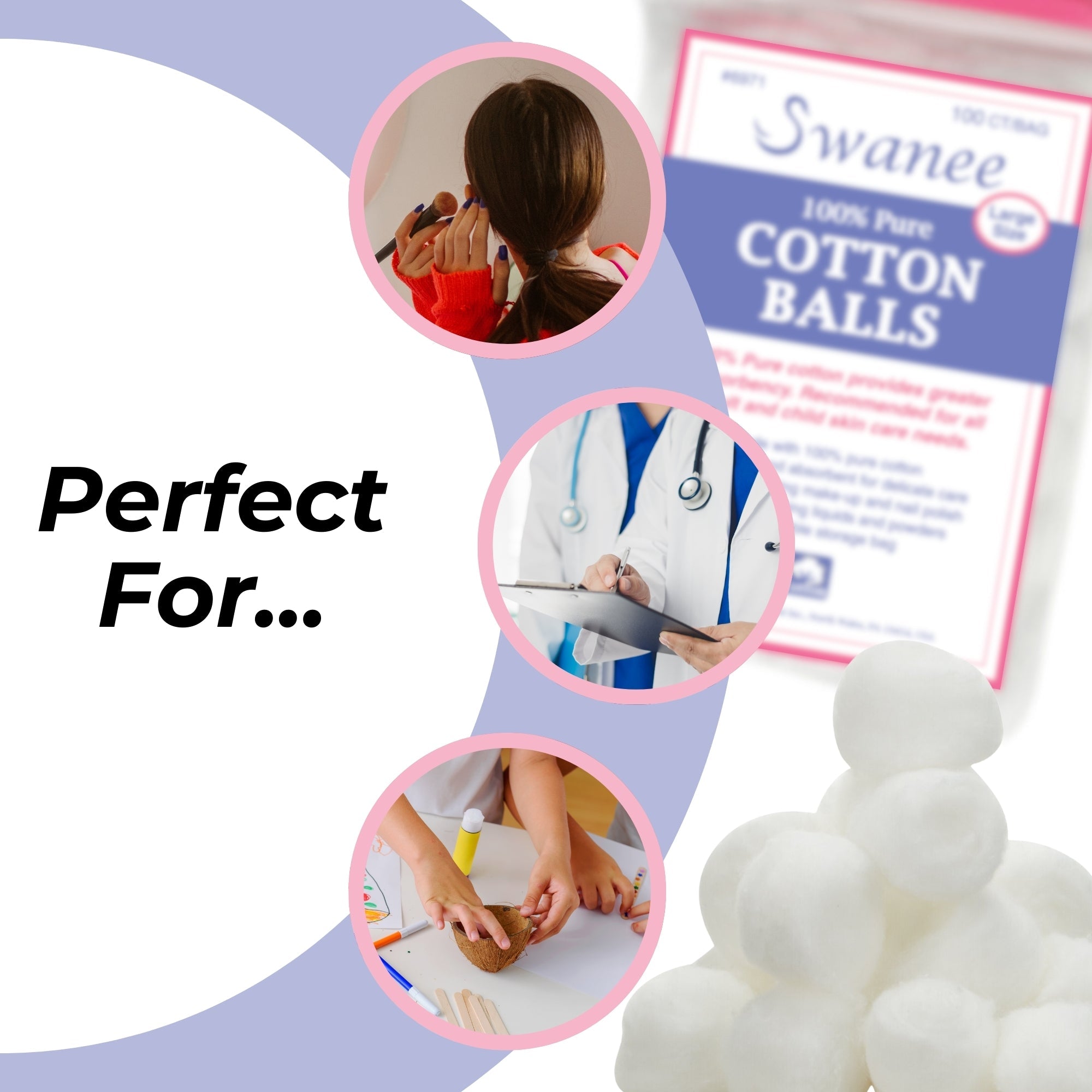 Swanee 100% Pure Cotton Balls Large, 100 Count, White