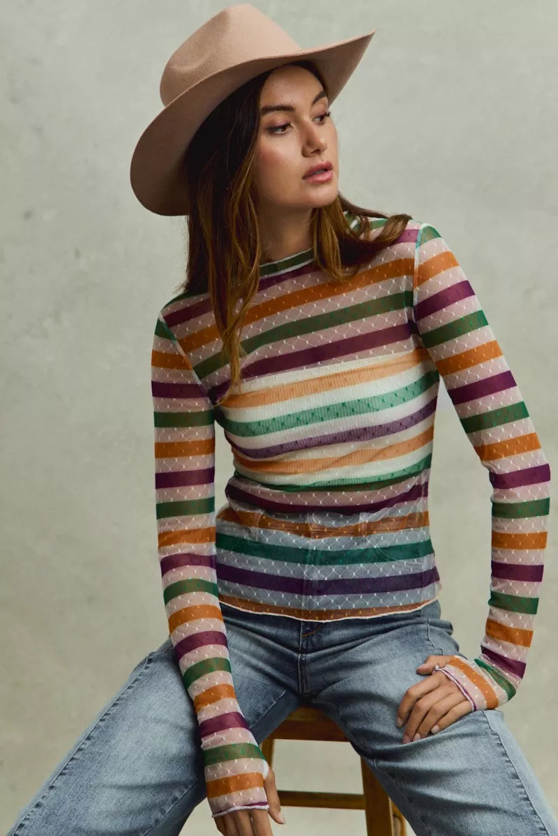 SO ME Mardi Gras Color Stripe Stretch Mesh Top