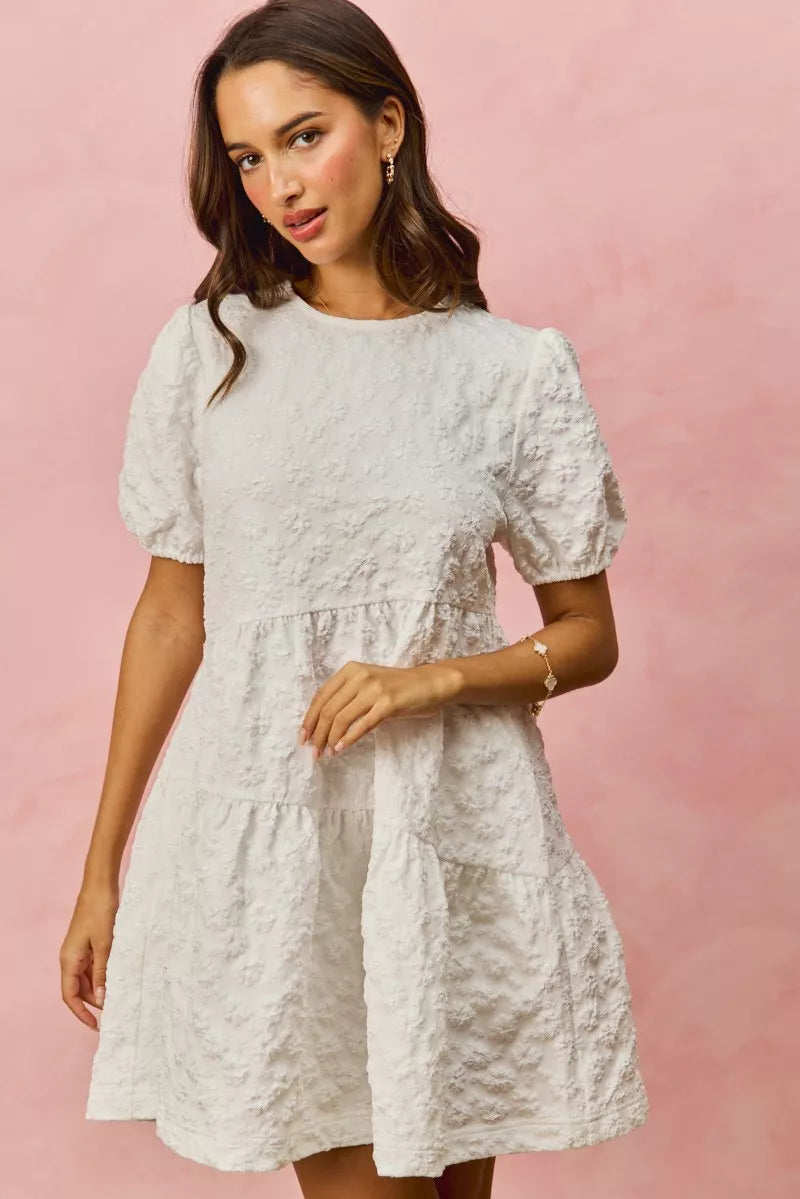 SO ME Floral Jacquard Diagnol Tiered Short Mini Dress