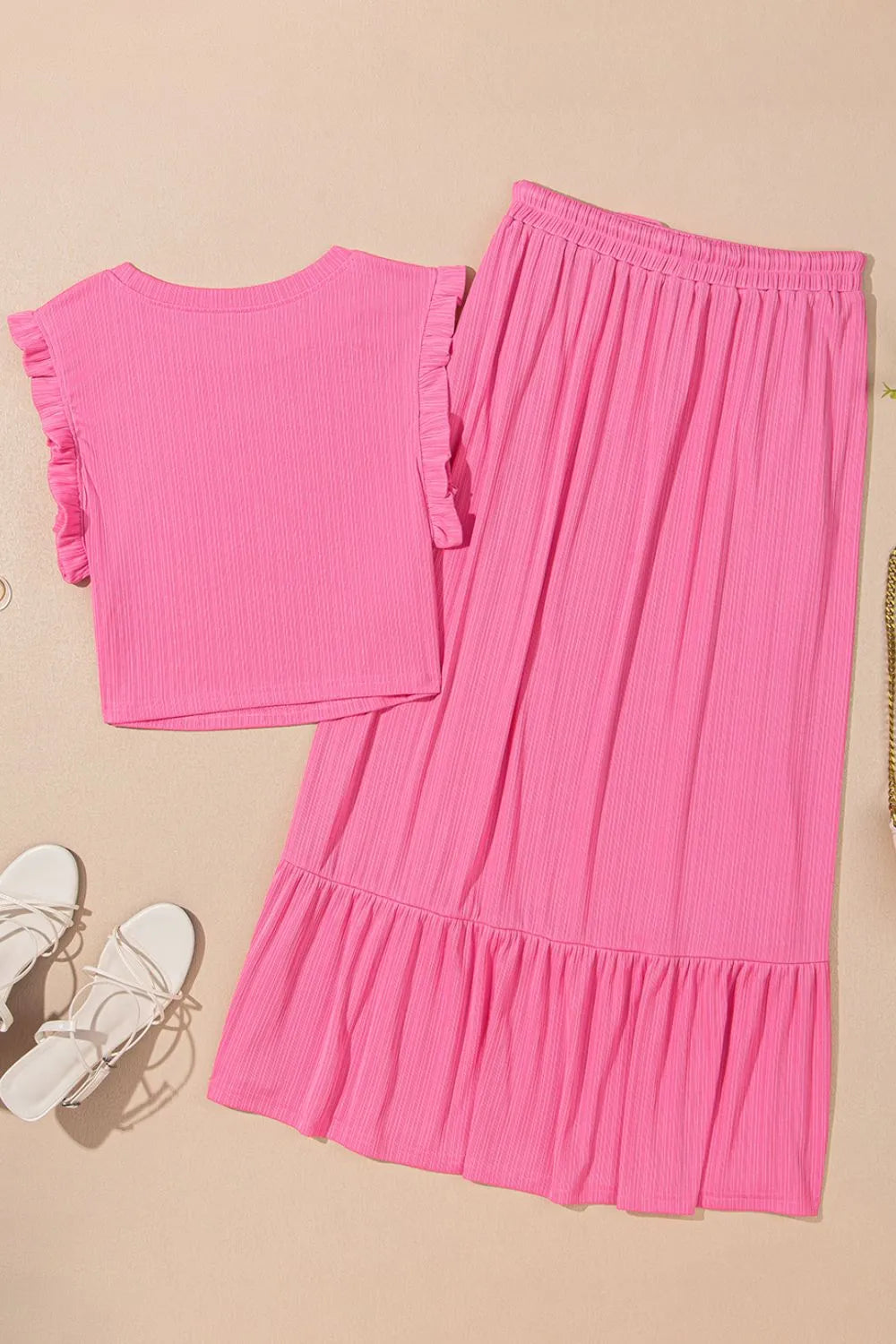 Ruffle Trim Round Neck Top and Drawstring Skirt Set