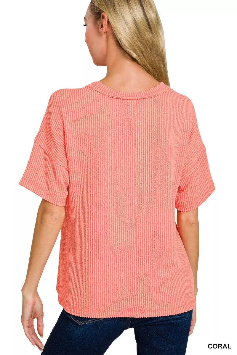 Zenana Raised Rib Exposed Seam Short Sleeve Top