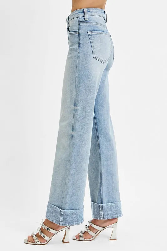RISEN Full Size Tummy Control High Rise Ankle Wide Cuffed Jeans Plus Size