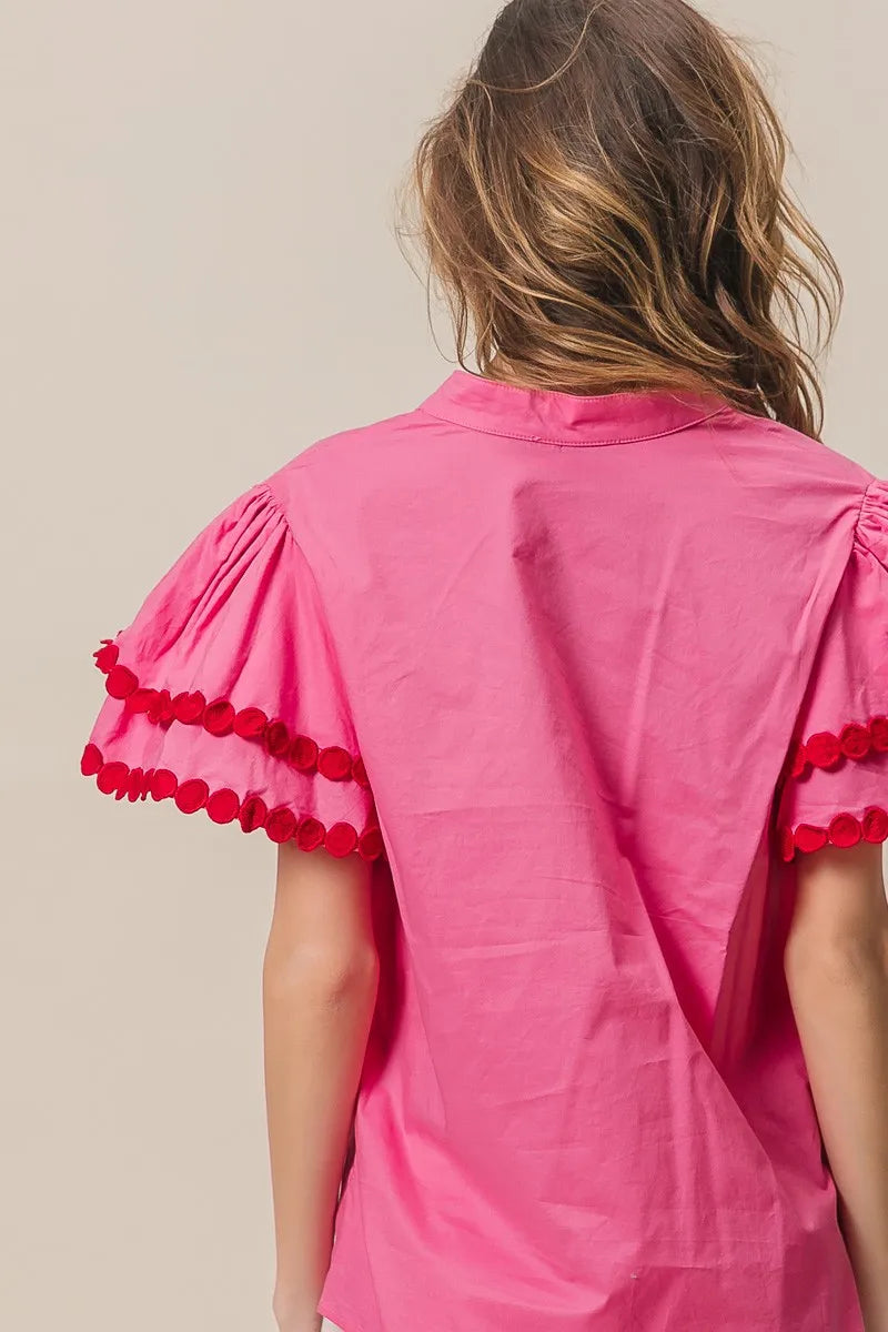 BiBi Dot Trim Flutter Sleeve Notched Top
