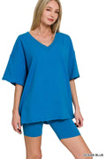 Zenana Cotton V-neck Top & Biker Shorts Set