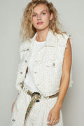 POL Assymetrical Front Closure Raw Hem Floral Denim Vest