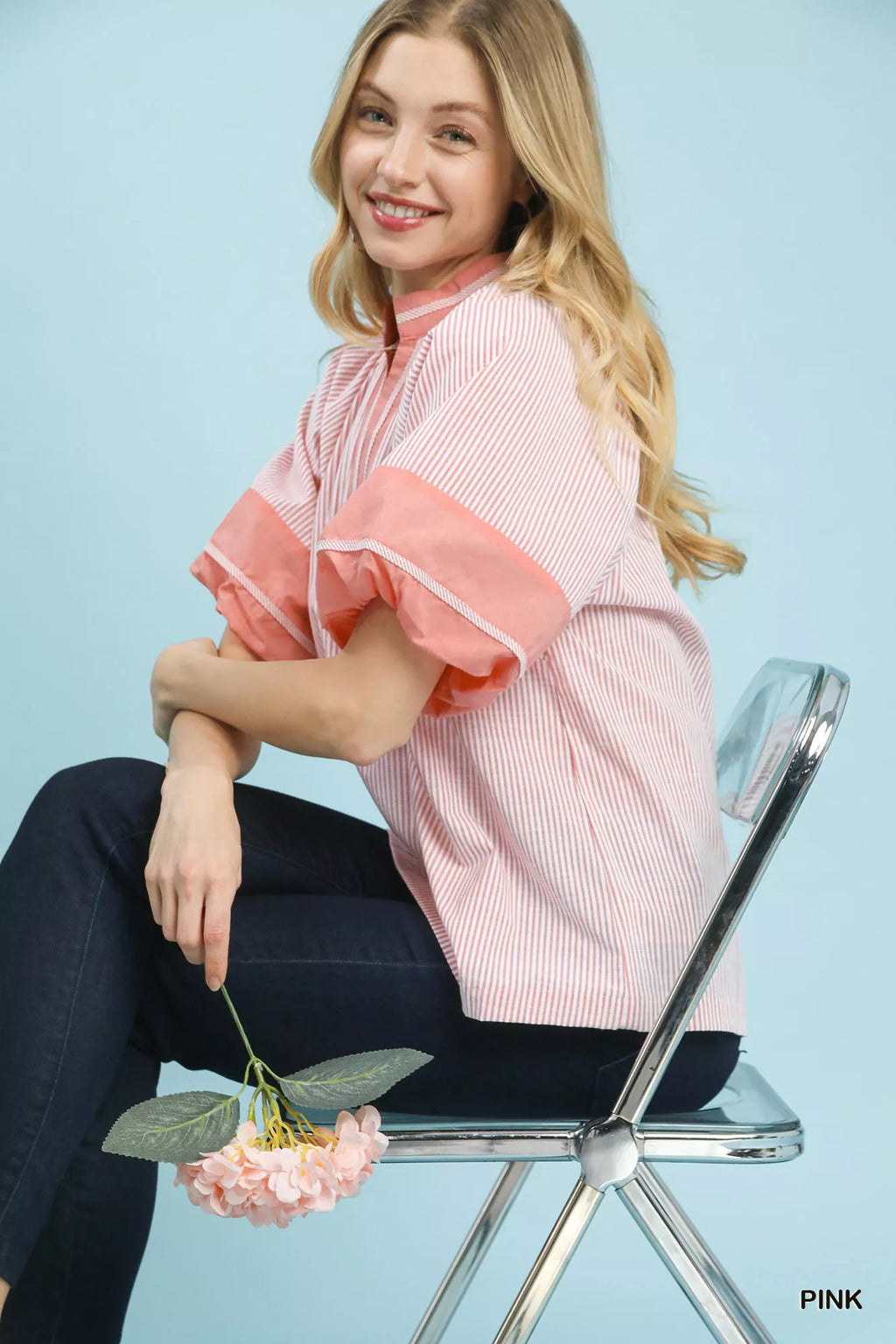 Umgee Striped Mixed Puff Sleeve Blouse