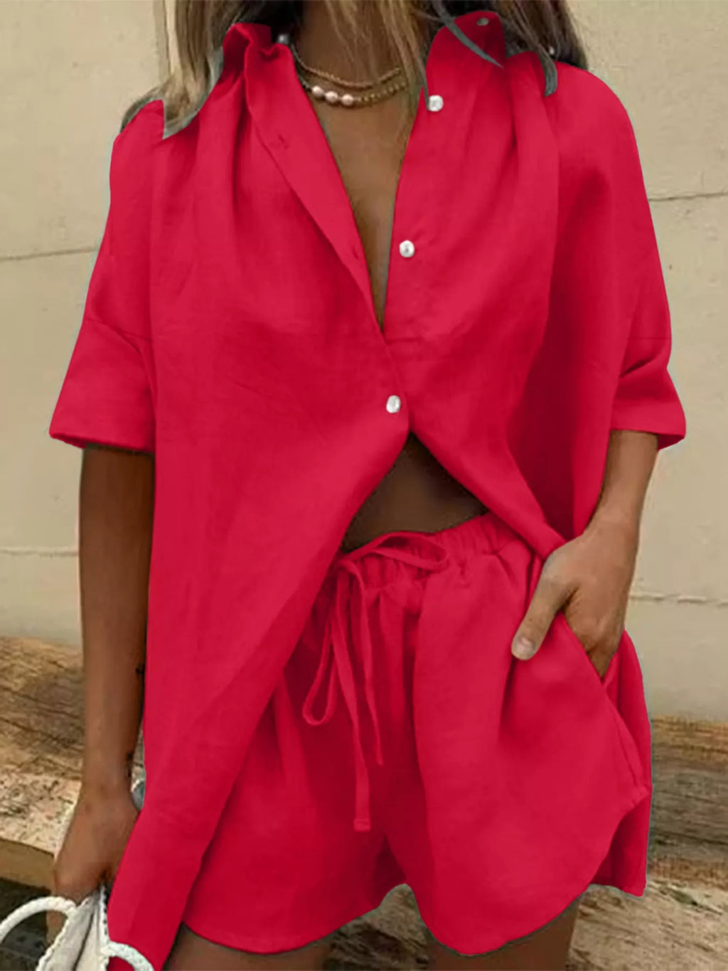 Button Front Shirt and Shorts Set