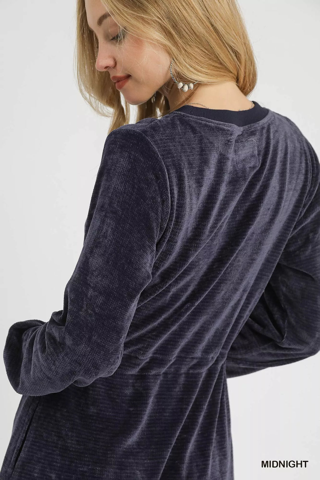 Umgee Velour Drawstring Mini Dress with Long Sleeves