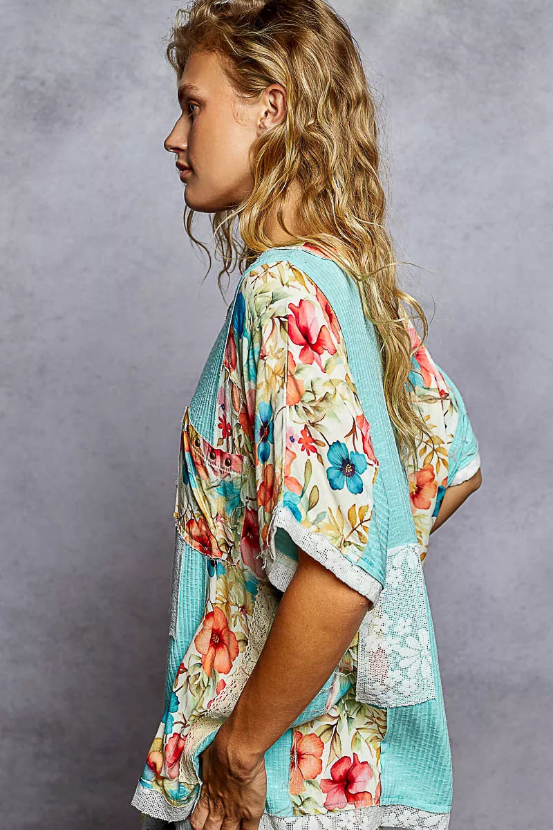 POL Lace Round Neck Short Sleeve Floral Pattern Top with Patch Detail
