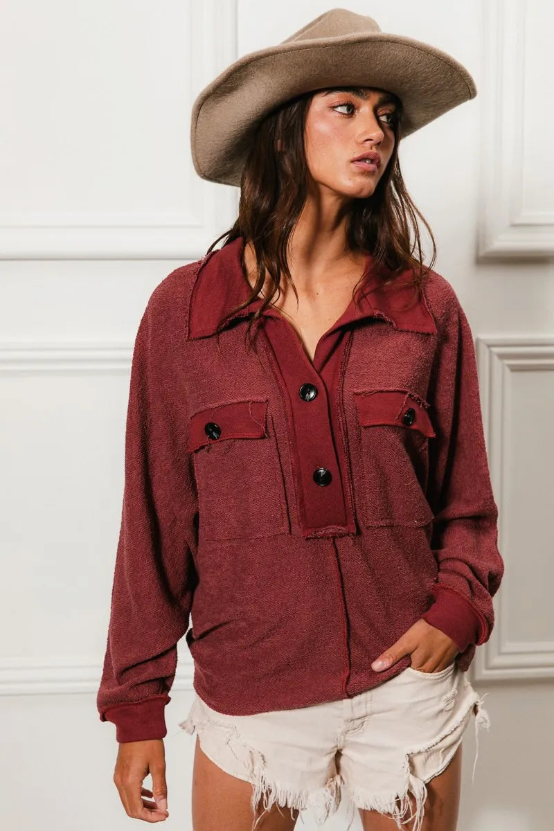 BiBi Cp French Terry Cut Edge Detail Collared Top