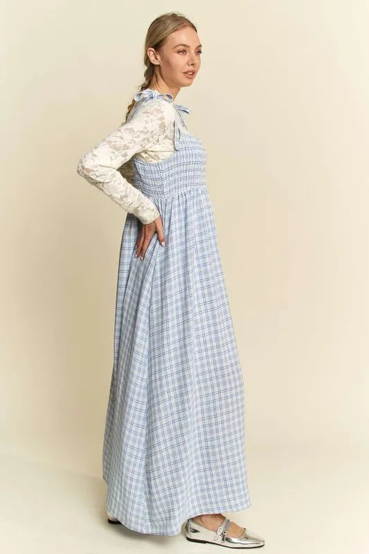 Davi & Dani Plaid Smocking Sleeveless Maxi Dress