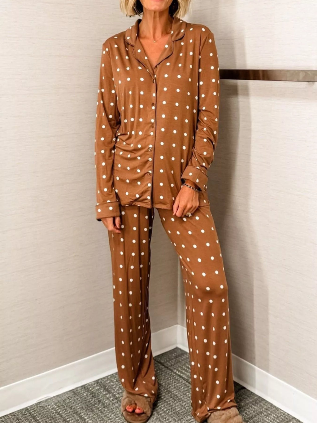 Polka Dot Button-Down Top and Pants Lounge Set