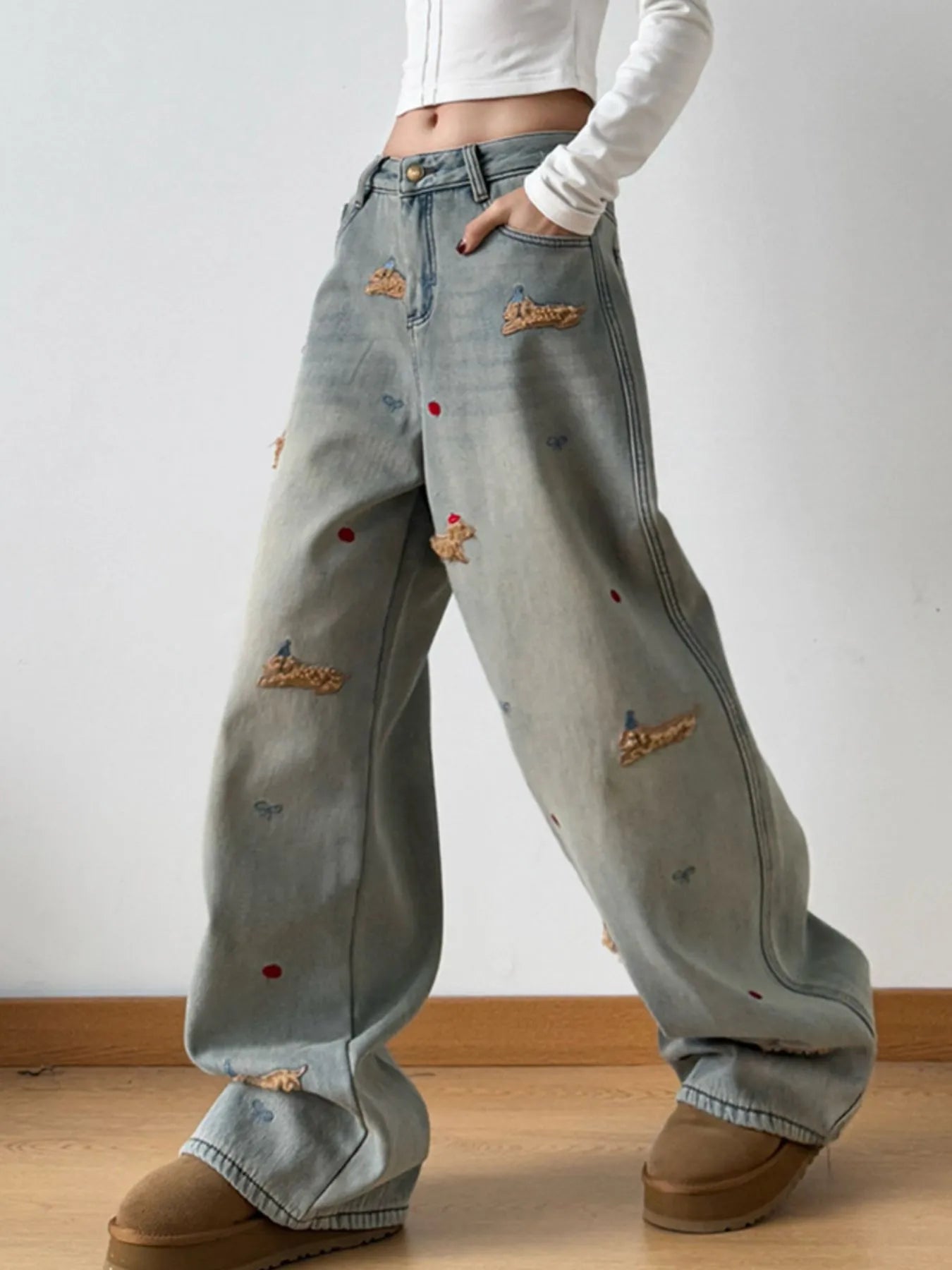 Embroidered Wide Leg Jeans
