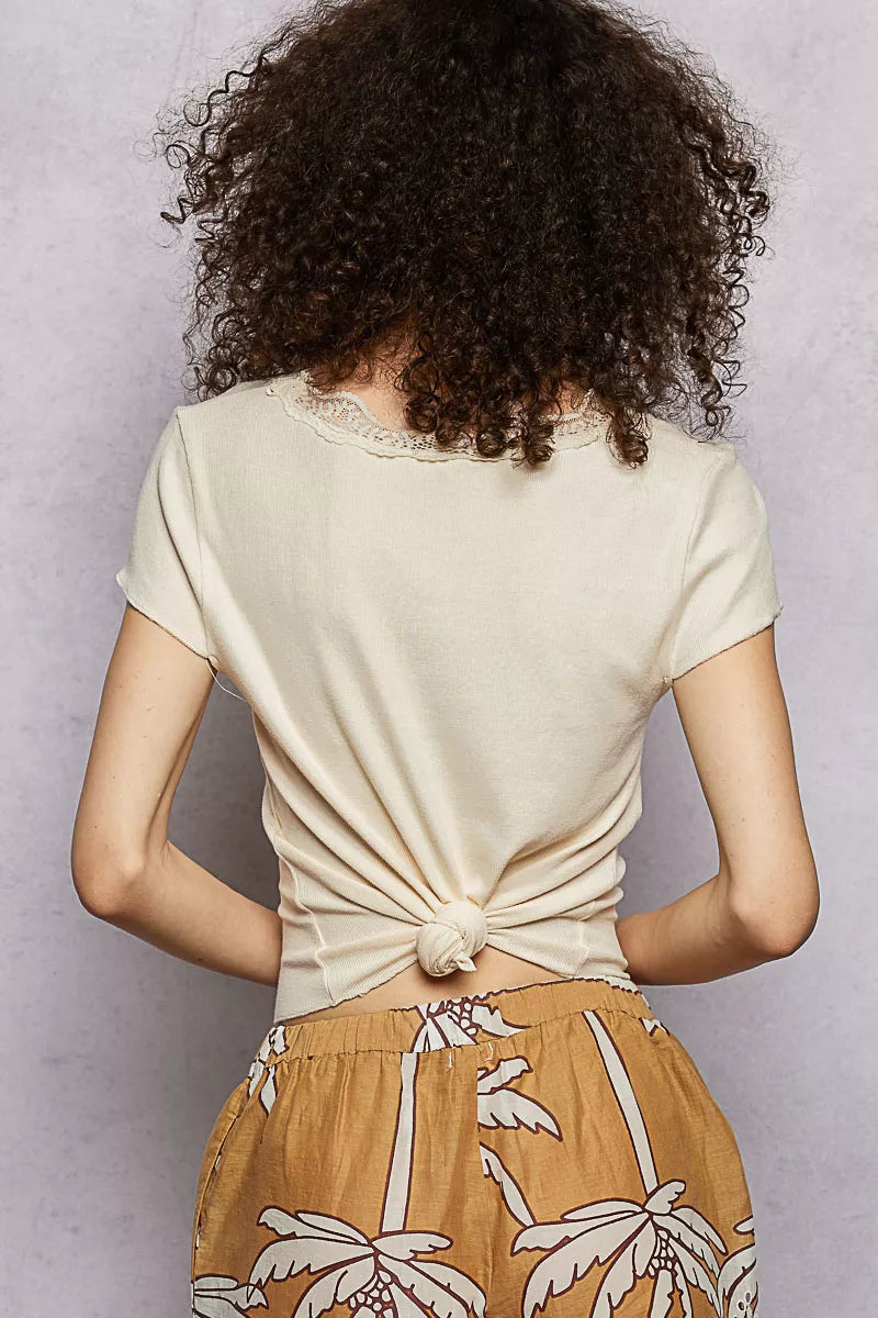 POL Round Neck Short Sleeve Crop T-Shirt with Lace Trim