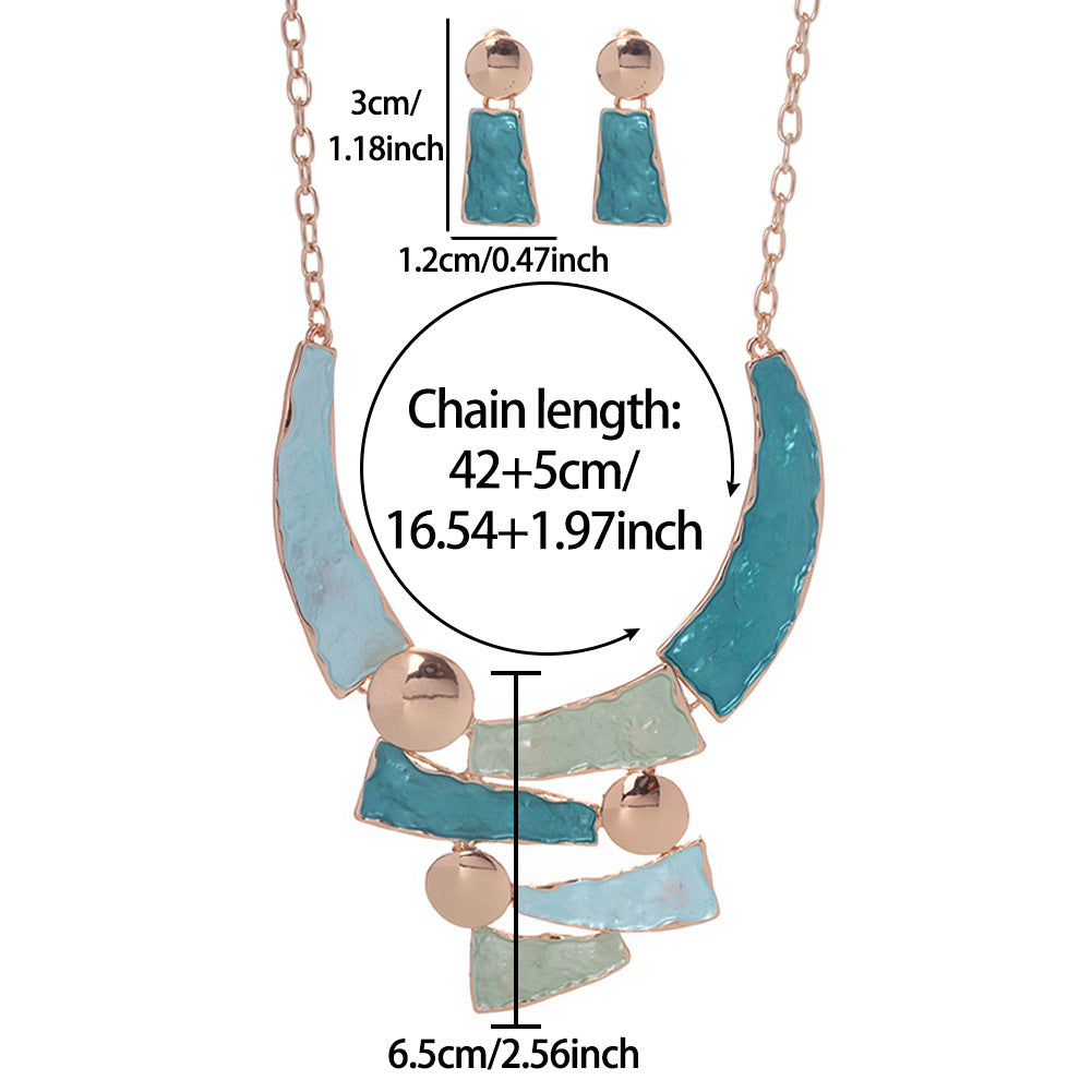 Female Colored Oil Geometric Irregular Earnail Necklace Set