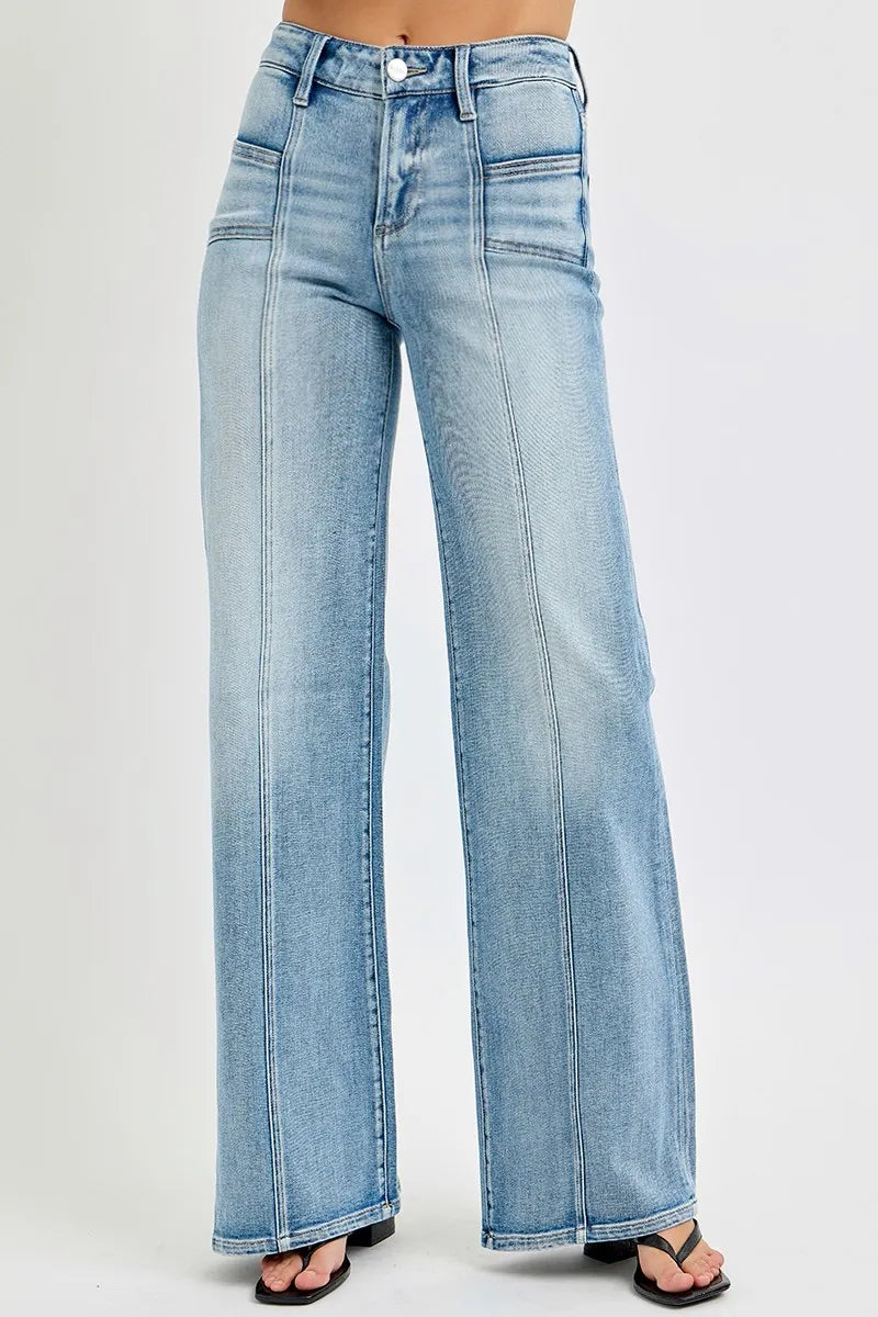 RISEN Full Size Mid Rise Wide Jeans with Front Patch Pocket Plus Size