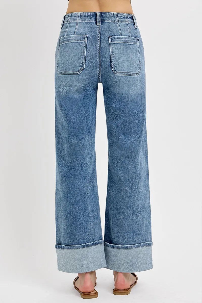 RISEN High Rise Ankle Wide Button Patch Pocket Cuffed Jeans