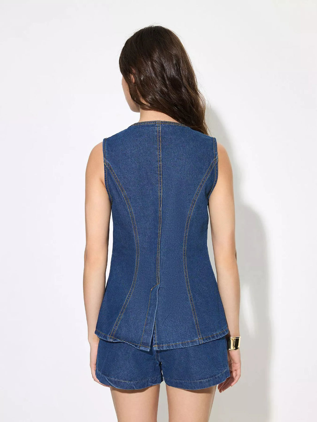 Button Up Sleeveless Denim Top and Shorts Set
