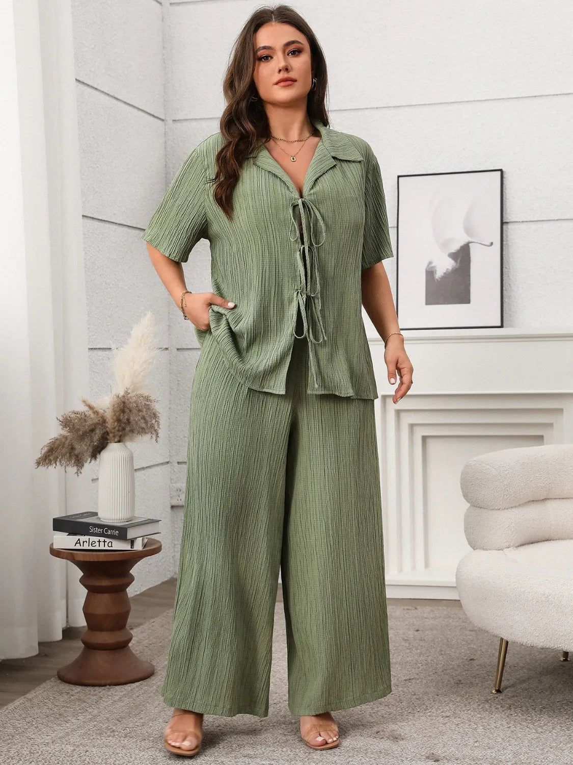 Plus Size Tie Front Short Sleeve Top and Pants Set