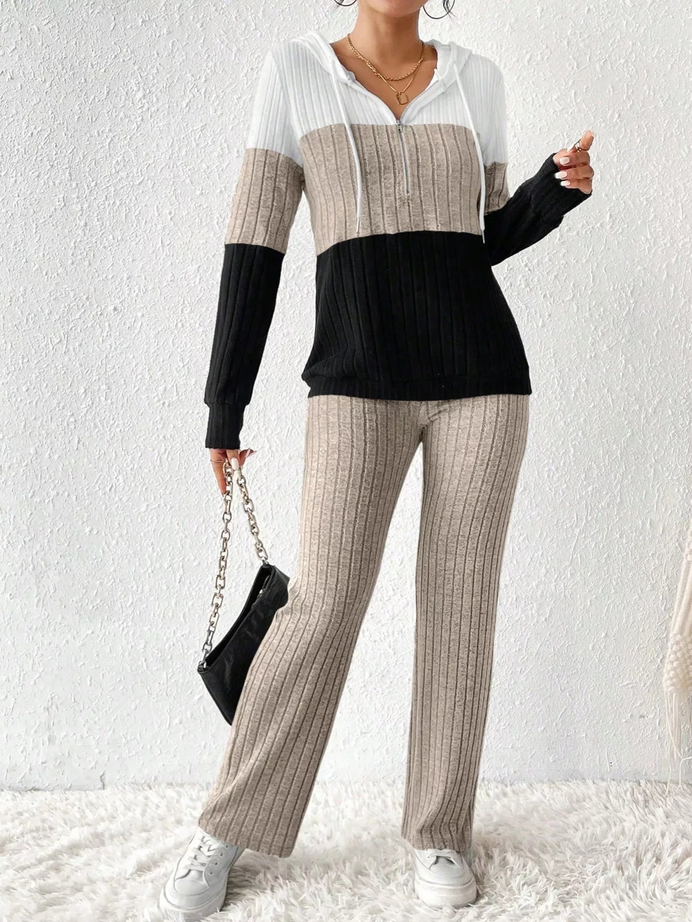 Color Block Half Zip Hooded Top and Pants Set