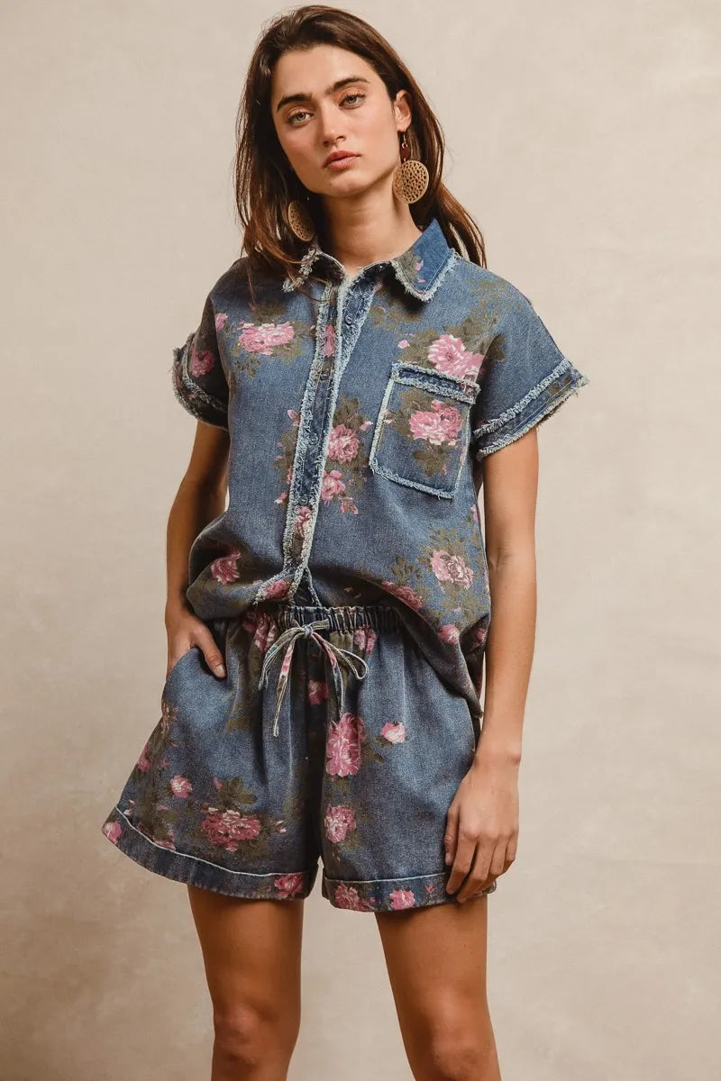 BiBi Floral Printed Denim Short Pants With Pocket