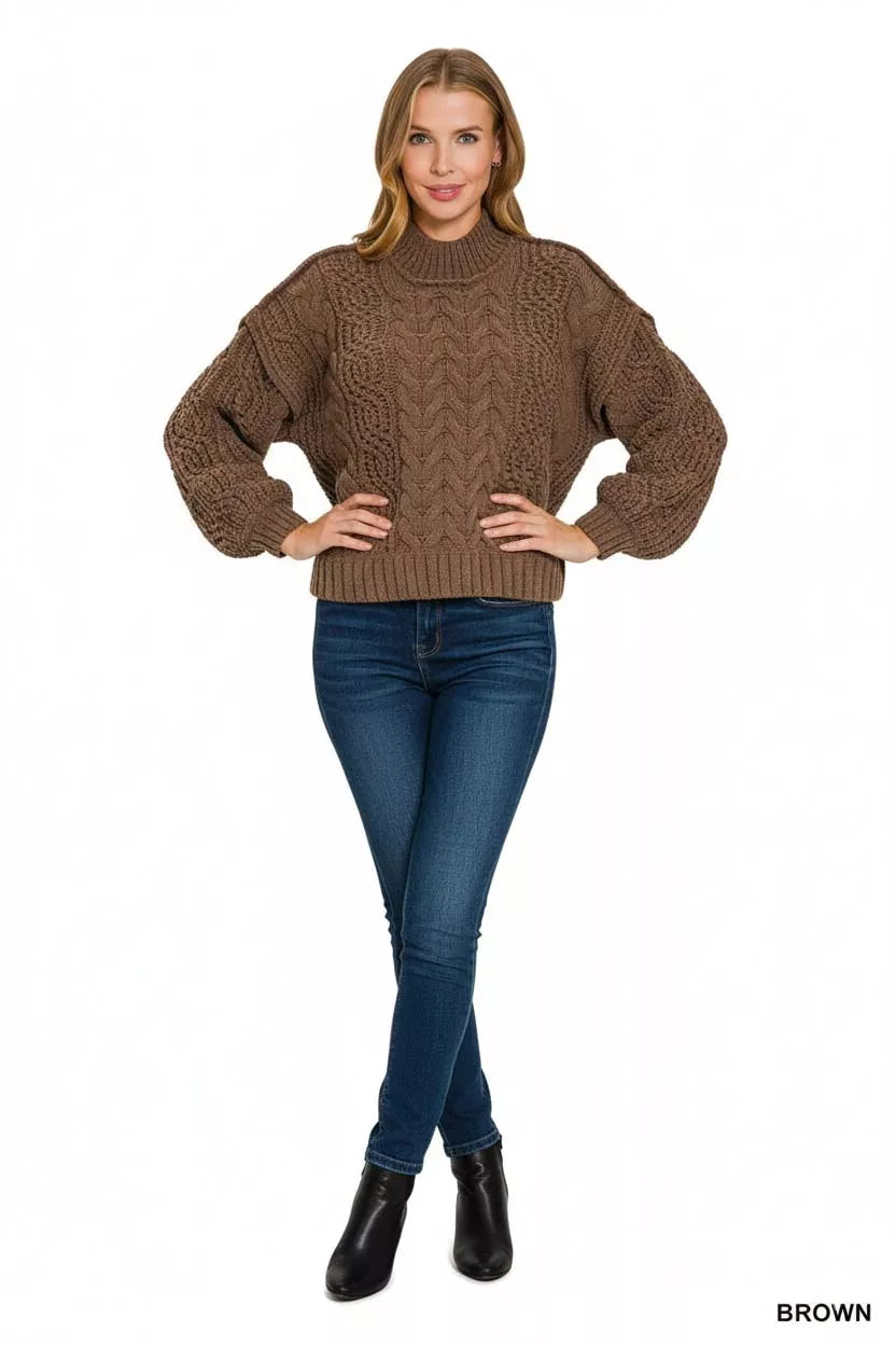 Zenana Cable-Knit Ribbed Turtleneck Sweater