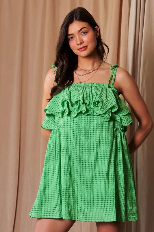 Davi & Dani Textured Jacquard Checker Fabric Ruffled Dress