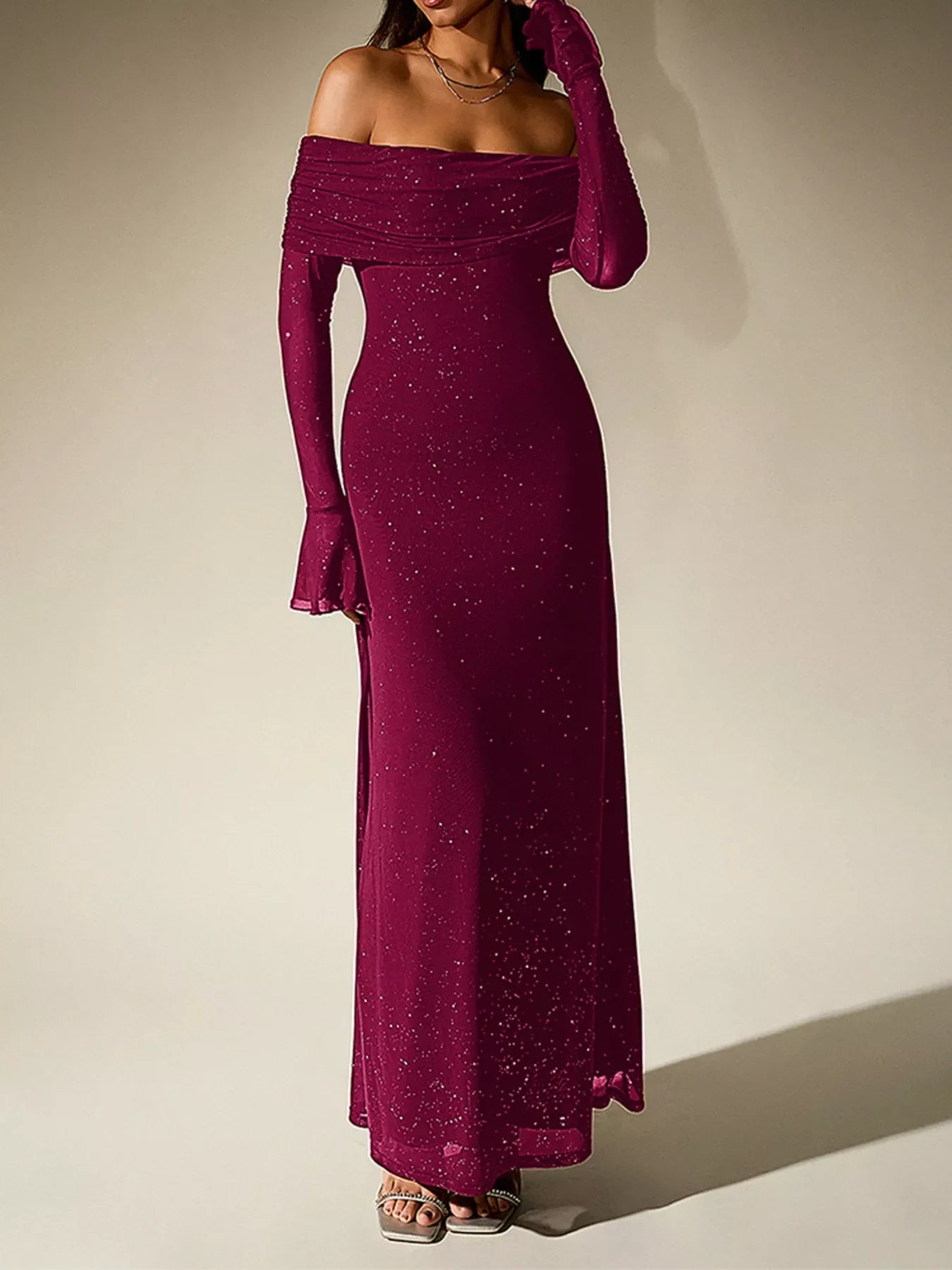 Glitter Off-Shoulder Maxi Dress