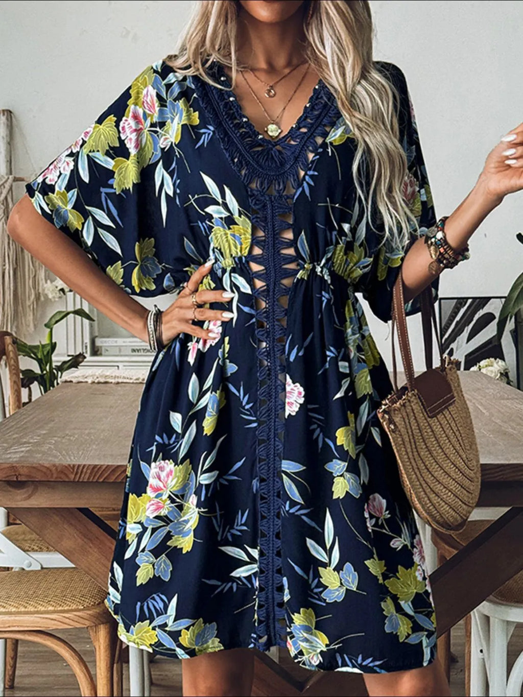 Crochet Front V-Neck Printed Cover-Up