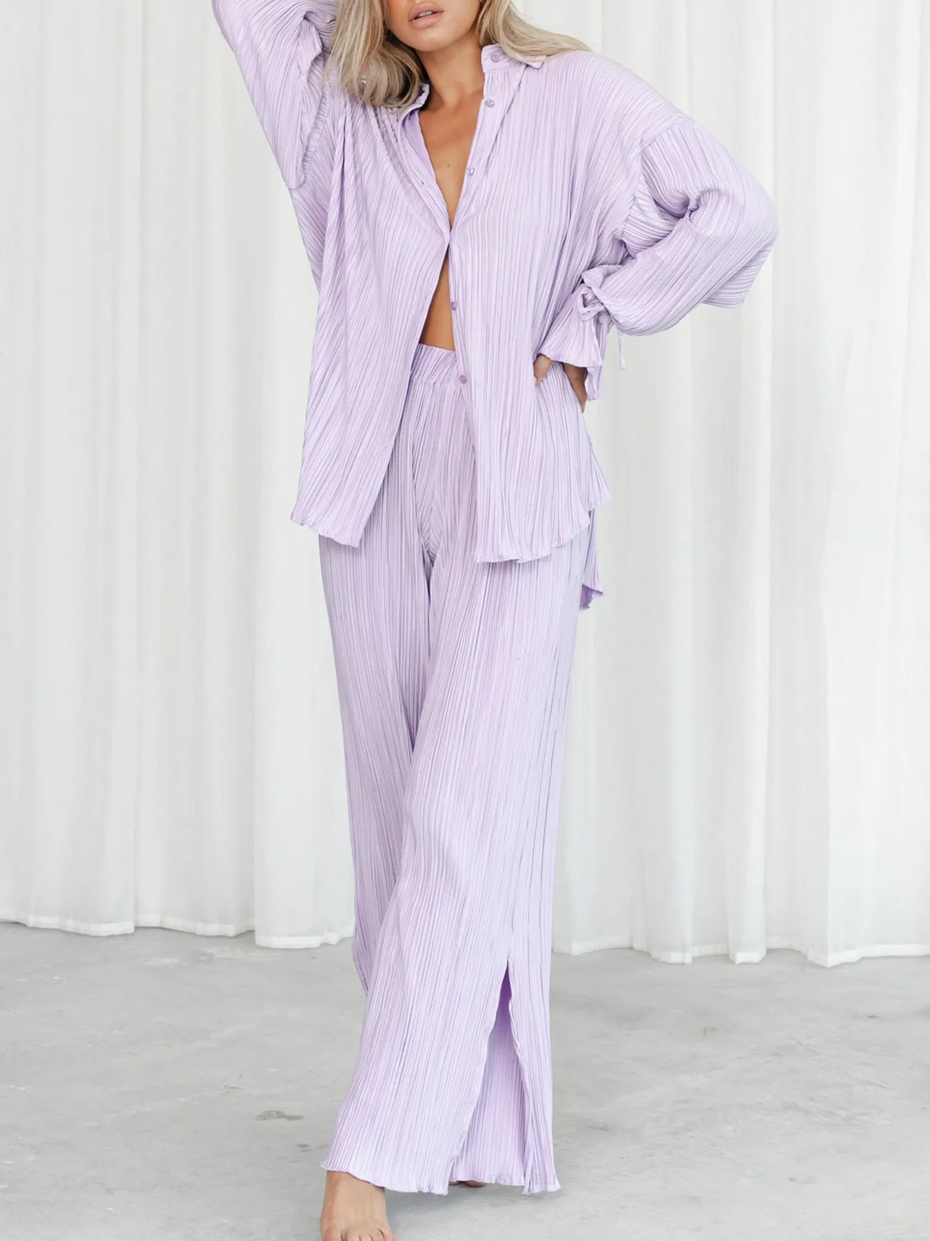 Button Up Long Sleeve Top and Pants Set