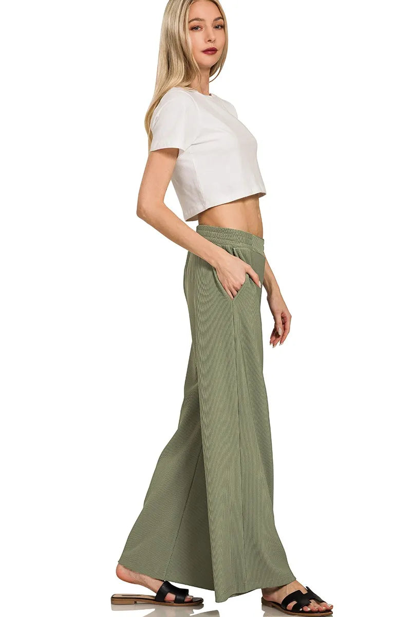 Zenana Ribbed High Neck Half Zip Pullover & Pants Set