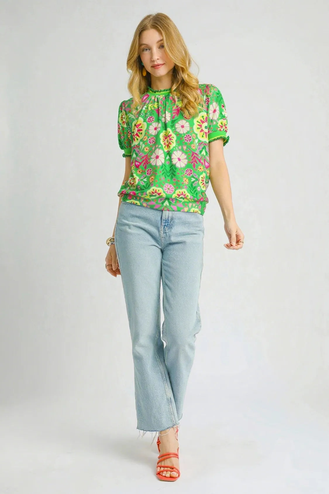 Umgee Retro Floral Puff Sleeve Top