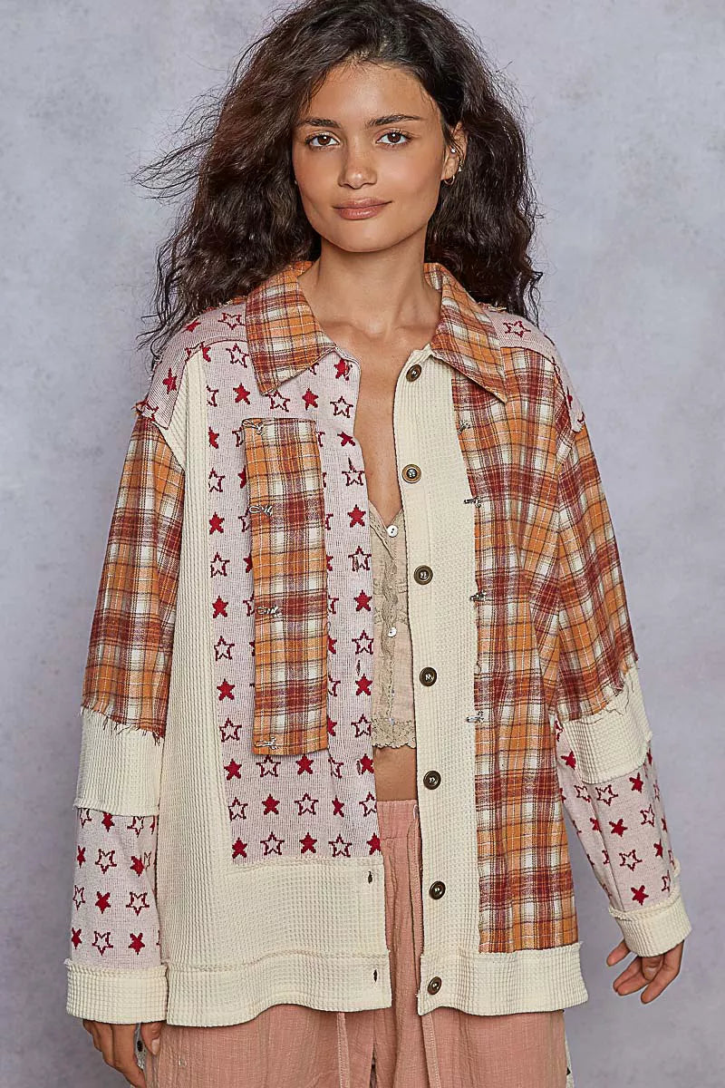 POL Plaid Contrast Button Down Shacket