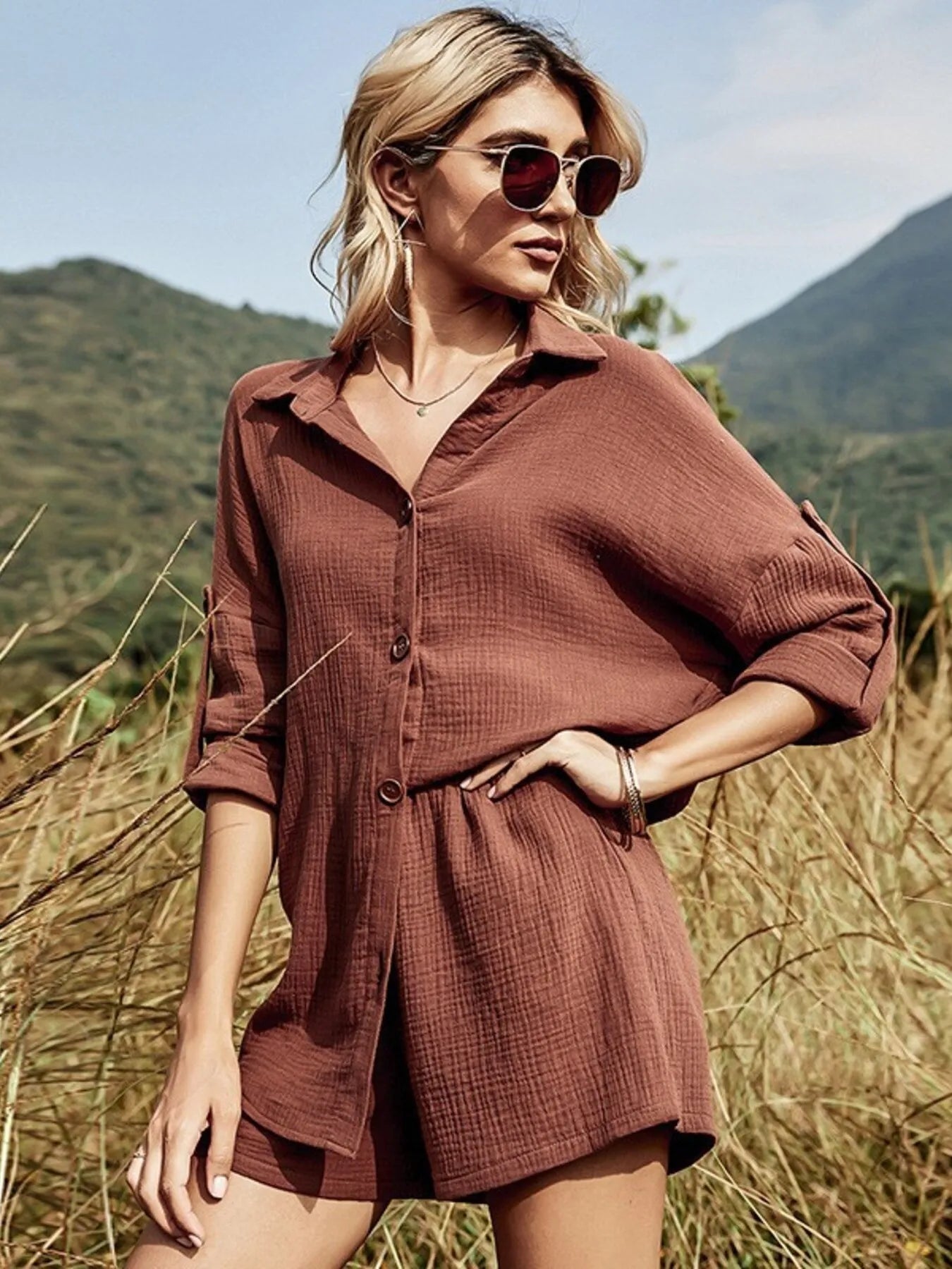 Button Down Shirt and Shorts Set