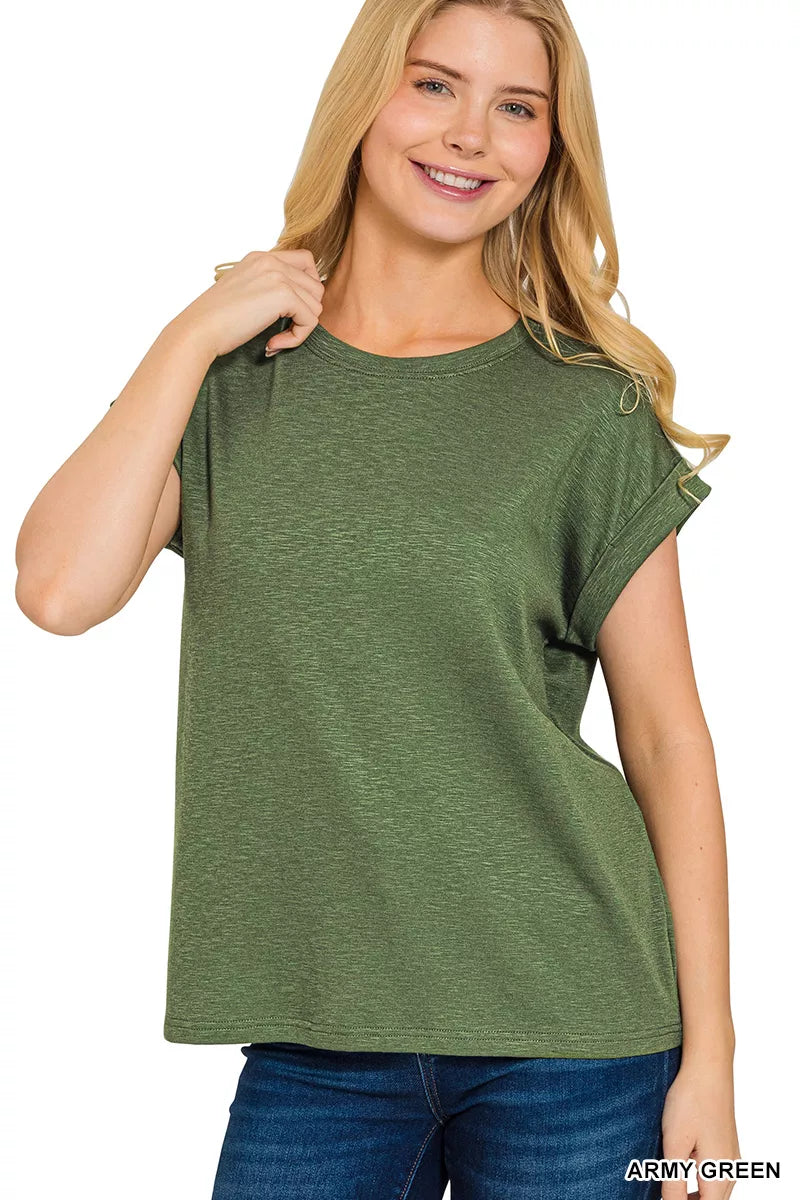 Zenana Cotton Modal Slub Rolled Sleeve T-Shirt