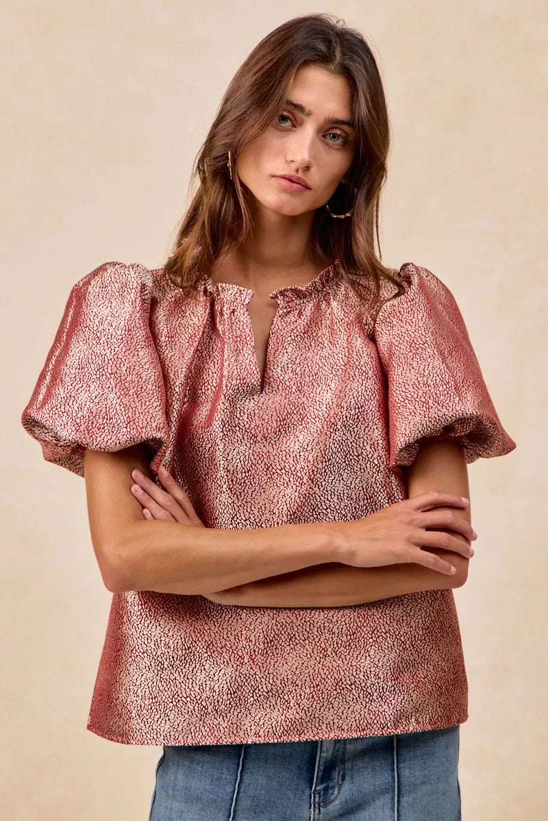 BiBi Jacquard Woven Short Balloon Sleeves V Neck Top