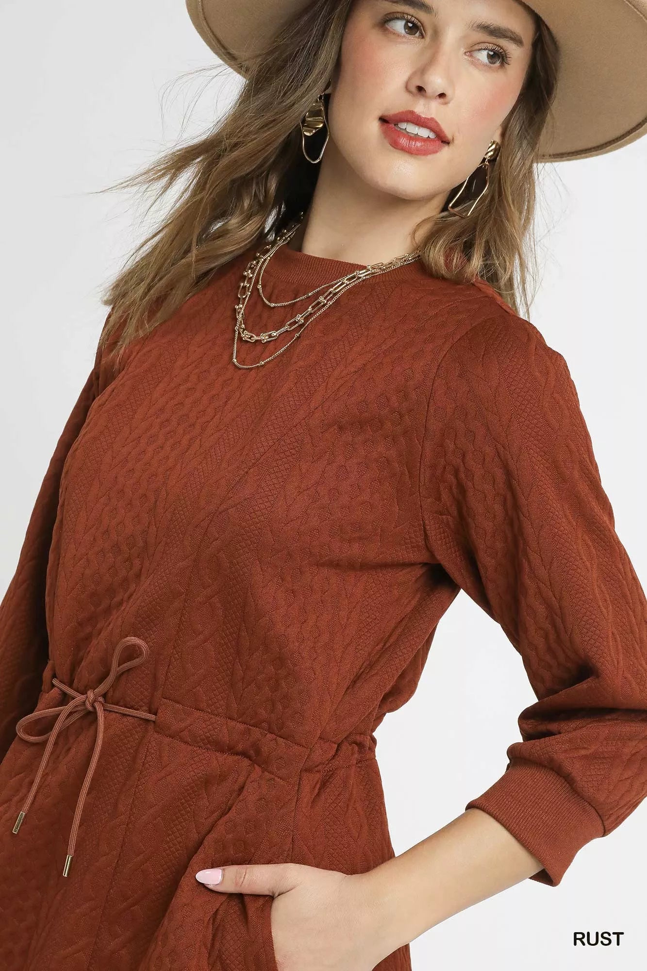 Umgee Drawstring Cable Knit Mini Dress with Pockets