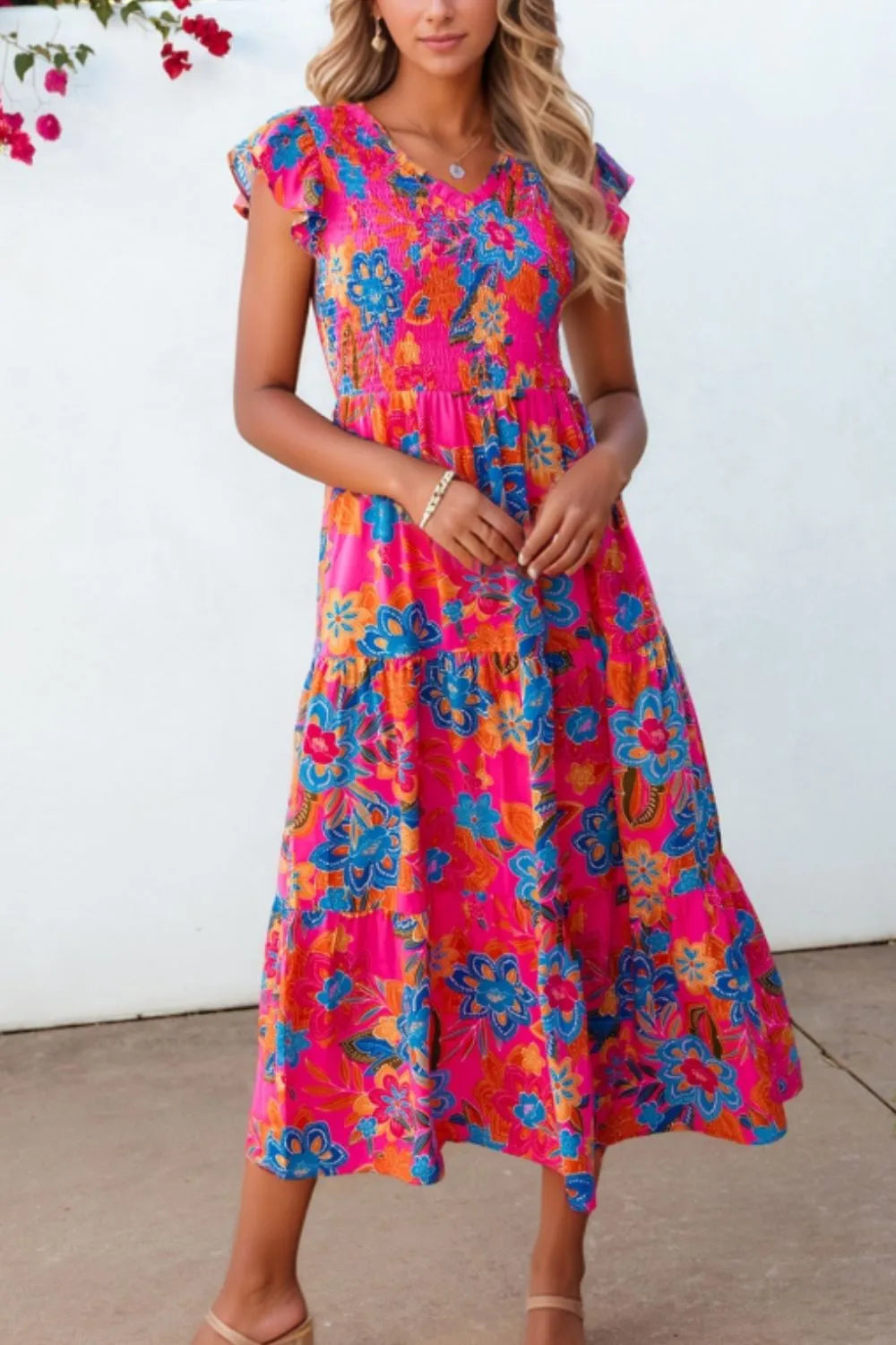Boho Floral V Neck Ruffle Tiered Dress