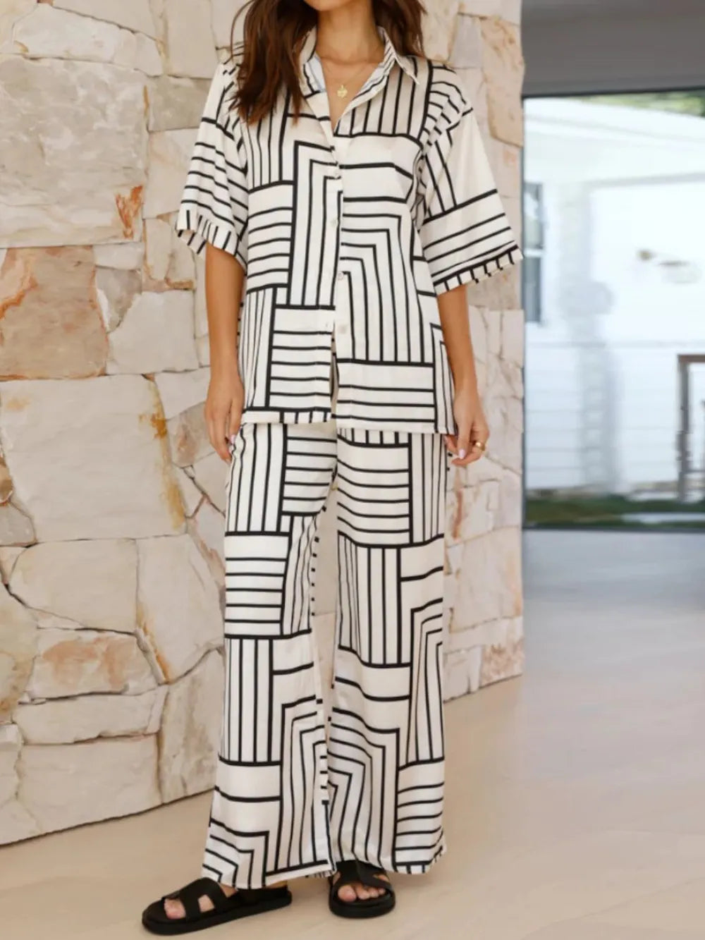 Button Down Half Sleeve Top and Pants Set