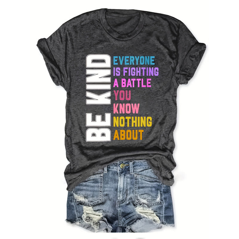 Women's Round Neck Short Sleeve T-Shirt With Slogan Print, Casual Summer Top