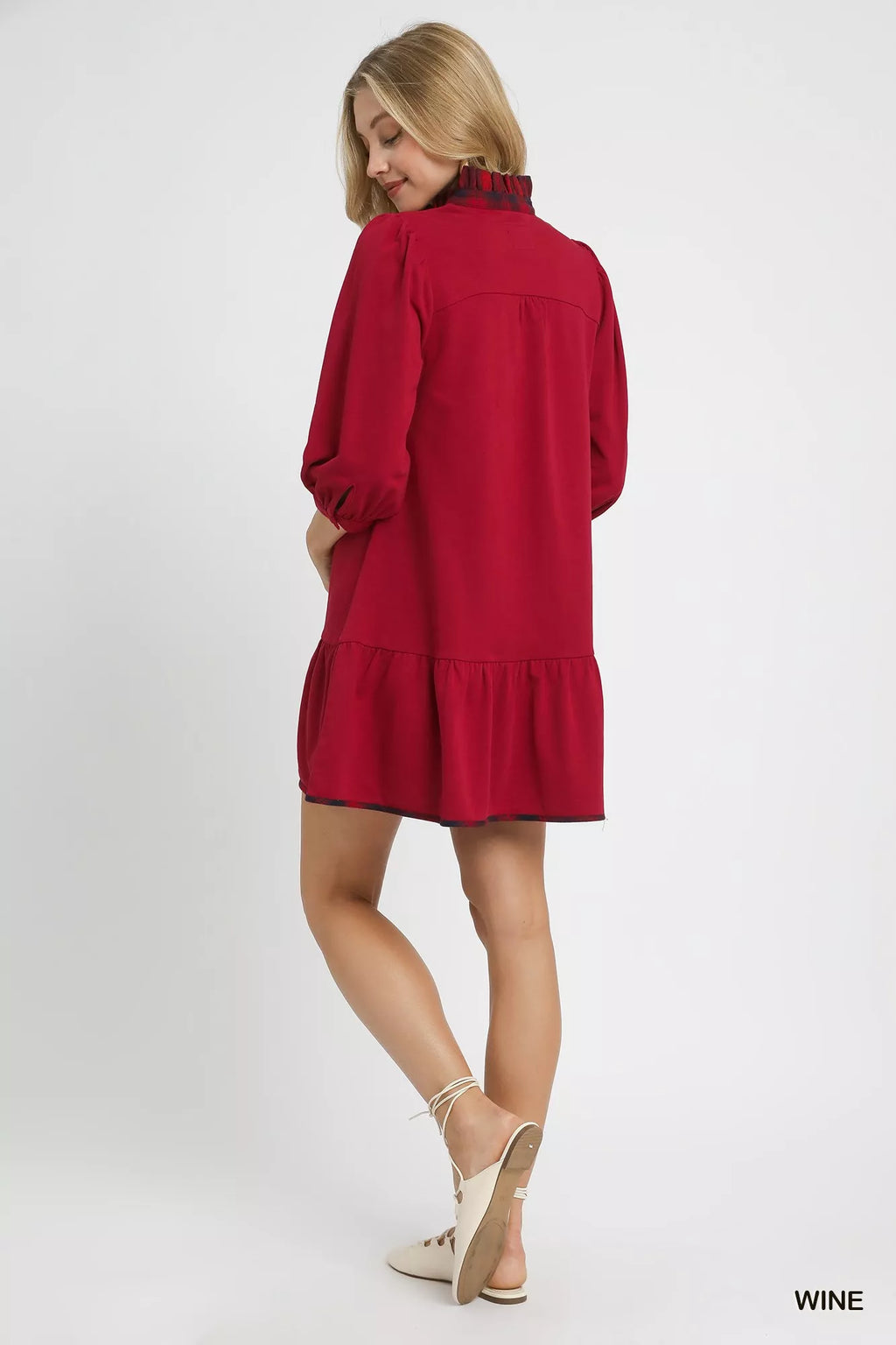 Umgee French Terry Ruffle Hem Dress with Plaid Trim
