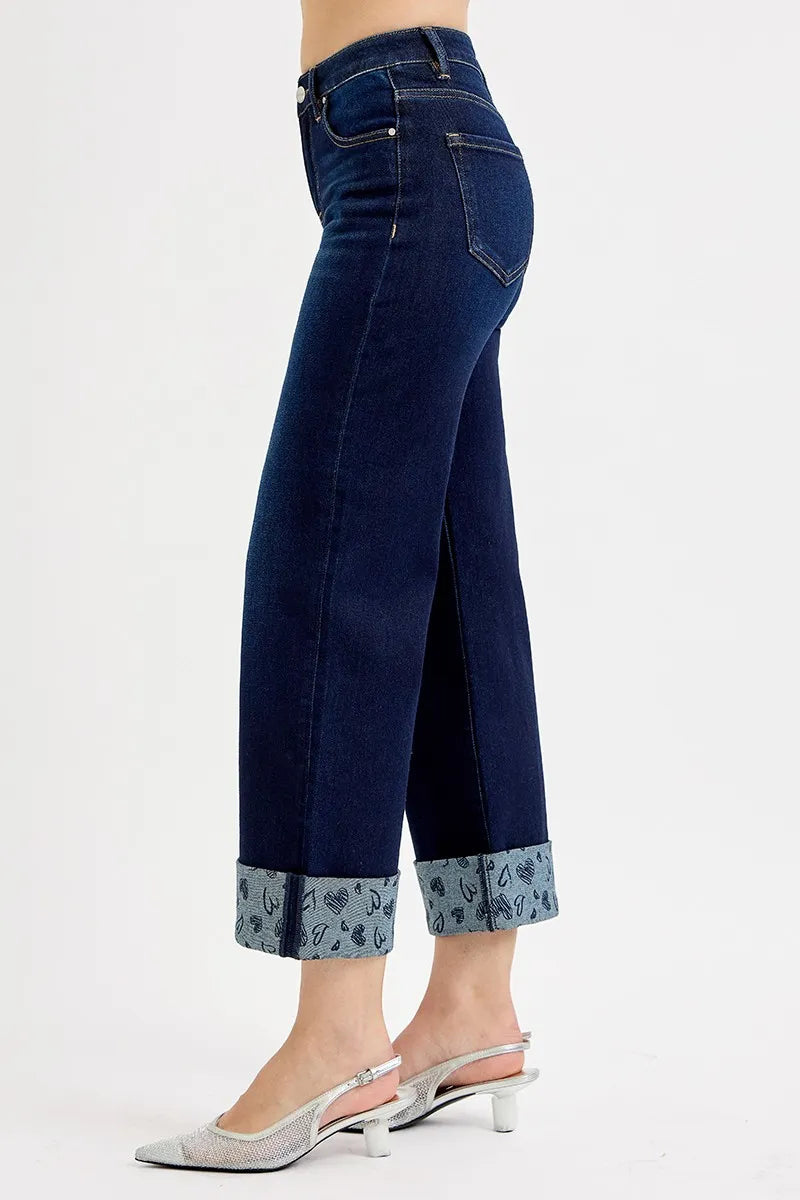 RISEN Full Size Mid Rise Fit Crop Wide With Printed Cuff Jeans Plus Size