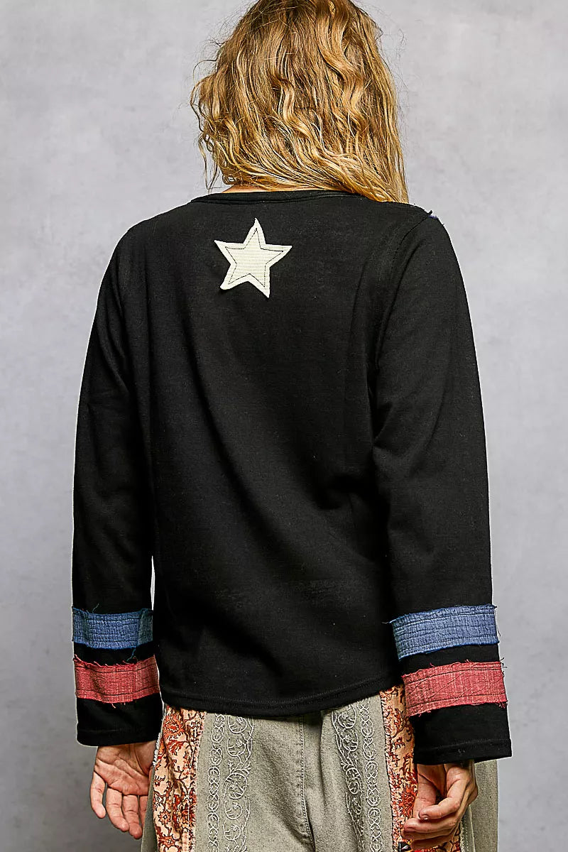 POL Double Gauze American Flag Patch V-Neck Long Sleeve T-Shirt