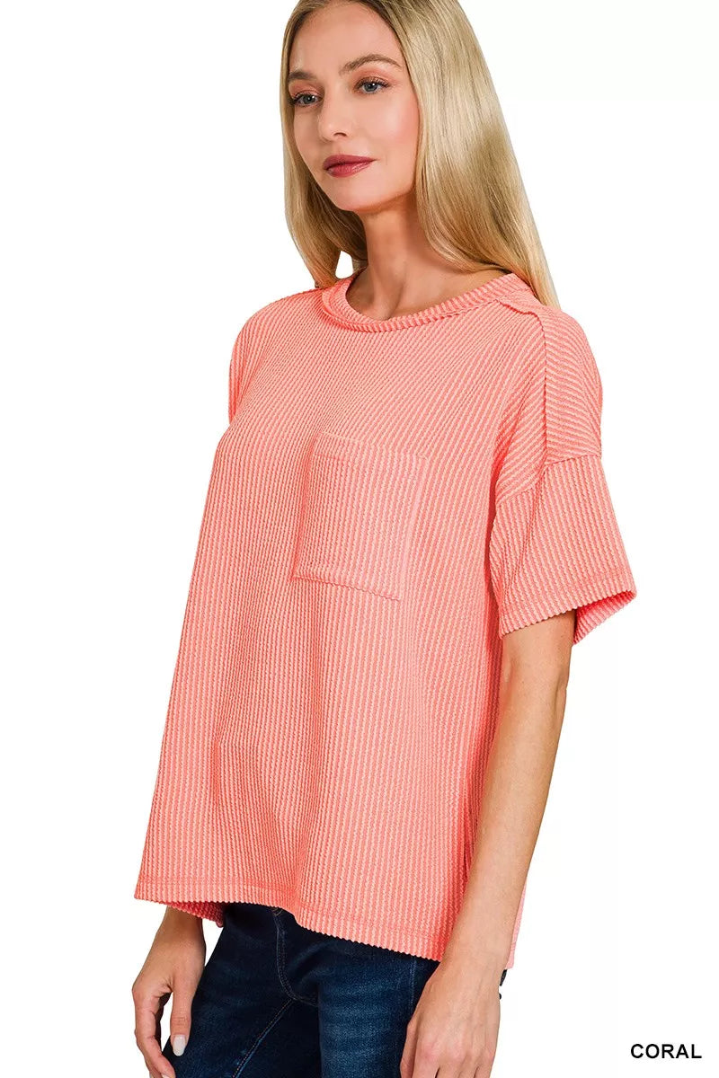 Zenana Raised Rib Exposed Seam Short Sleeve Top