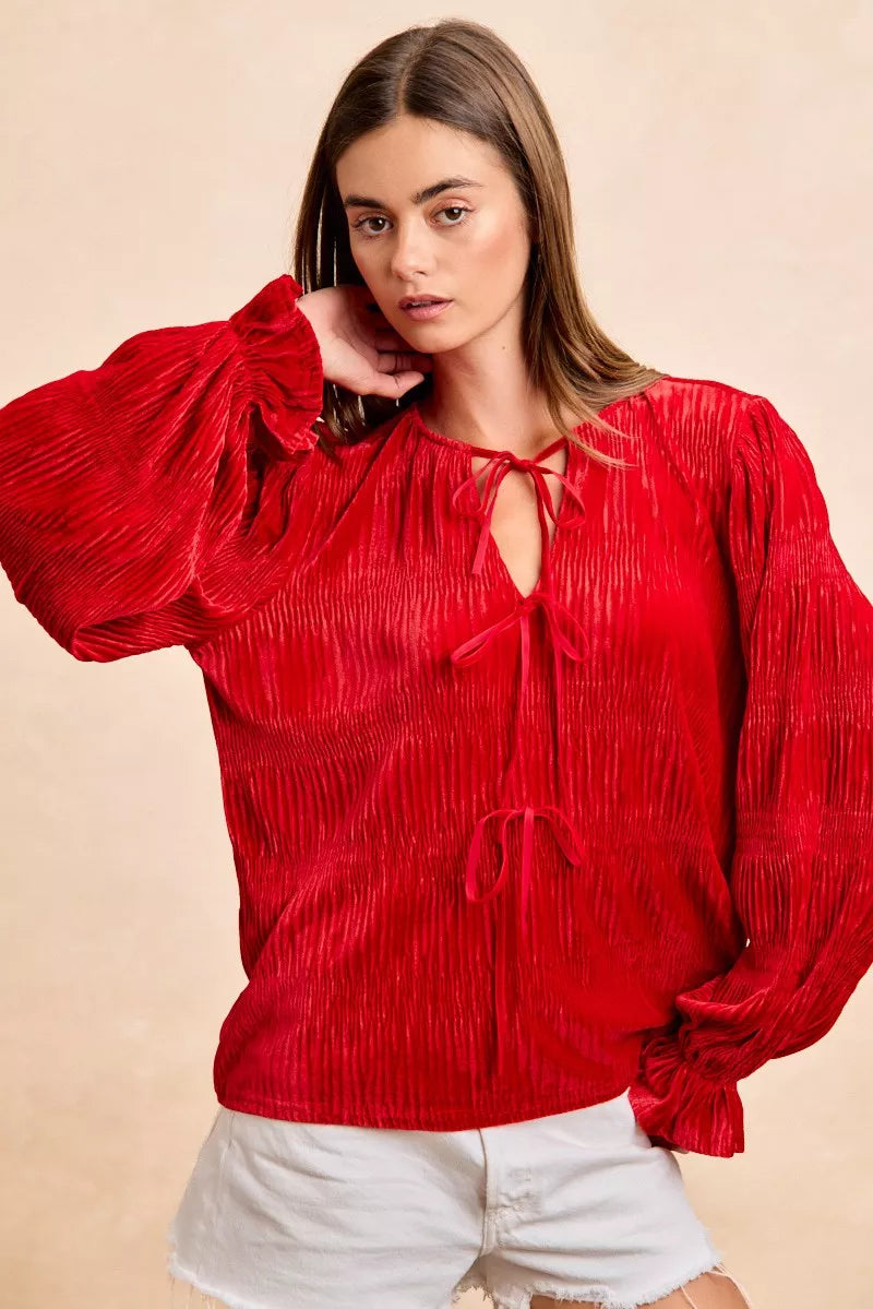 BiBi Christmas Theme Velvet Bow Tied Top With Neck Drop